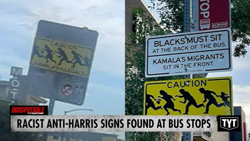 image for bigots trash bus stops with racist anti harris signs