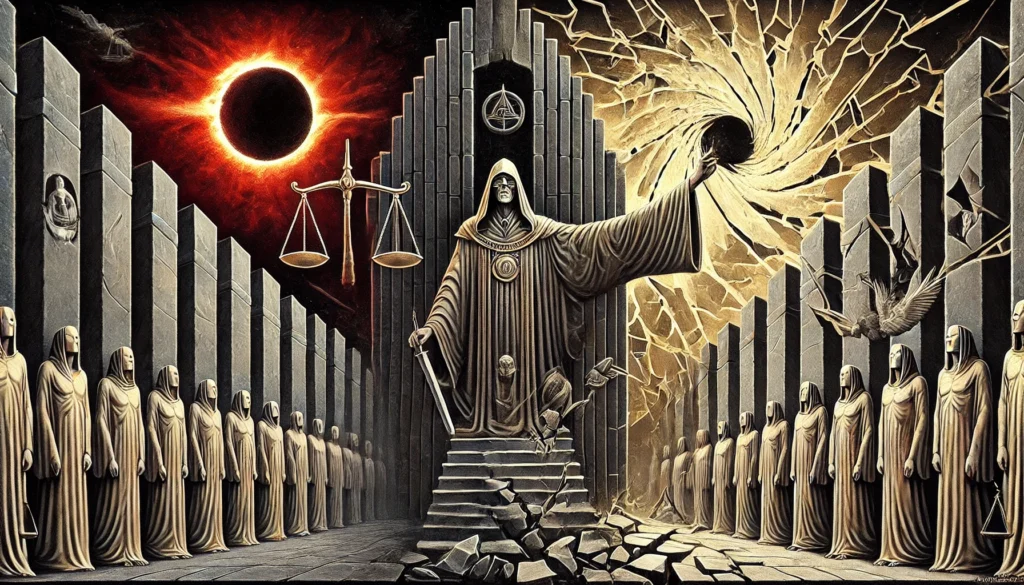 Hooded figure with scales, eclipse, and spiral background.