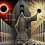 Hooded figure with scales, eclipse, and spiral background.