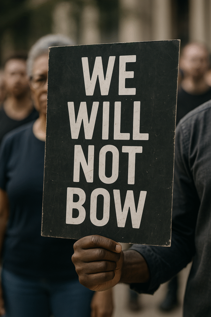 Protest sign stating 'We Will Not Bow'.
